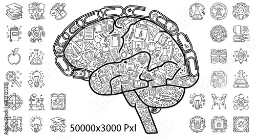 Large human brain filled education science learning doodles. Isolated design element concept creative mind intelligence idea knowledge development inspiration study success