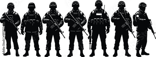Armed soldier silhouettes, military gear, tactical stance, black vector illustration, combat readiness, defense theme, war concept, security forces, battlefield icons