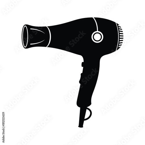 Black silhouette of a hairdryer with white accents on white background hair dryer