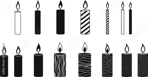 Candle silhouette collection, black and white vector illustration, decorative flame icons, festive pattern design, spiritual theme, minimal style, wax decor