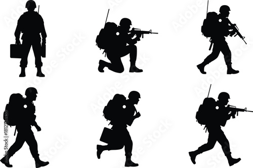Collection of black silhouettes showing army soldiers walking, running, kneeling to shoot, and carrying gear, vector illustration isolated on white background