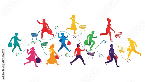 Colorful human silhouettes with shopping carts and bags