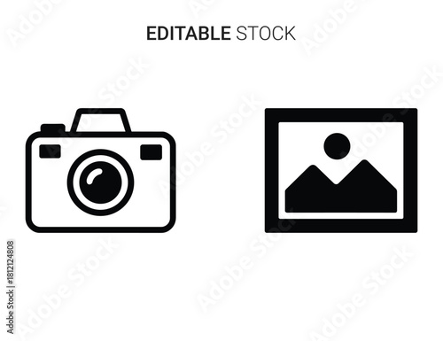 Outline digital camera and landscape image placeholder icons for photography and gallery.