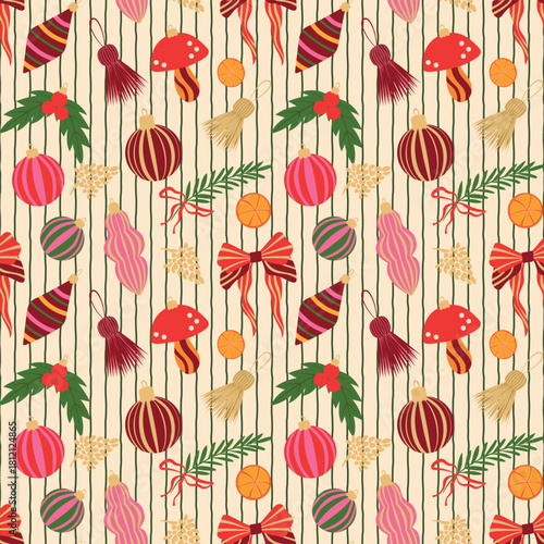 Christmas ornaments vector seamless pattern. Bright xmas baubles, mushroom decoration, festive tassels, ribbon bows on light striped background. Colorful winter holiday maximalist decor repeat design