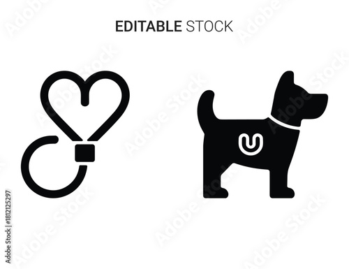 Love for pets: heart leash and dog icons for animal care and veterinary services