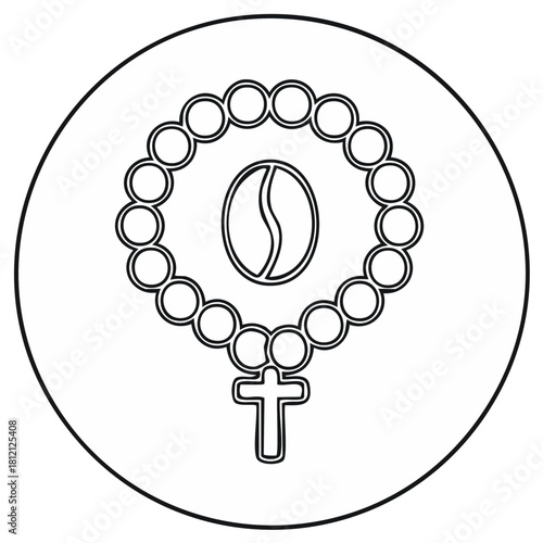 Coffee bean as a religious symbol on a prayer rosary with a cross line art vector icon