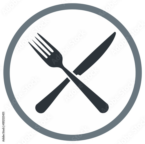 Simple fork and knife icon crossed within a circle, representing dining or a restaurant.