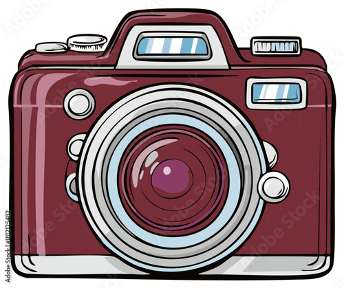 A cartoon style drawing of a vintage maroon digital camera with a large lens and flash
