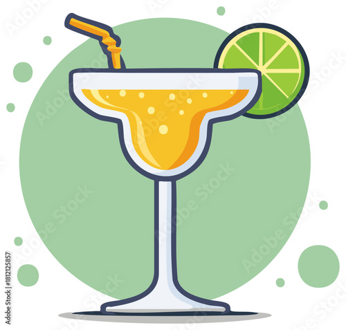 Refreshing cocktail with lime slice and straw, summer drink illustration