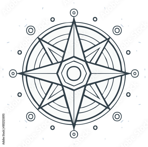 Navigation compass rose illustration, circular compass graphic design with cardinal directions for map icons and direction finders.