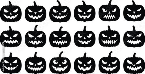 Halloween pumpkin silhouettes, jack-o'-lantern faces, spooky expressions, black vector icons, scary carved designs, festive decoration, eerie theme, horror concept