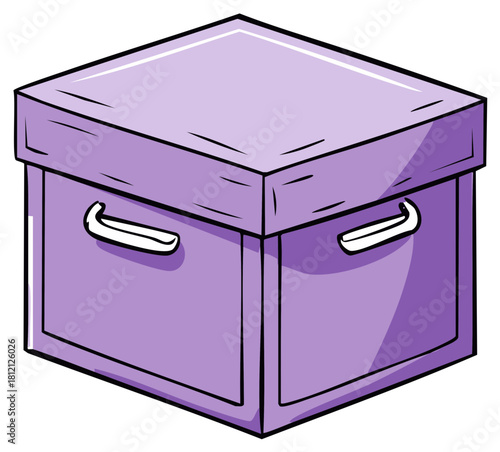 Cartoon vector illustration of a closed purple storage box with a lid and handles
