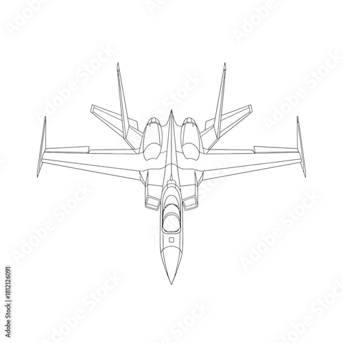 A detailed top-down line drawing of a modern twin-engine fighter jet on a white background.