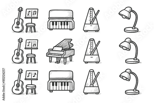 Rough artistic piano vector metronome zone lamp instrumental icons collection music icon