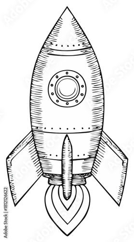 Vintage rocket ship launching into space in a hand drawn retro sketch style illustration