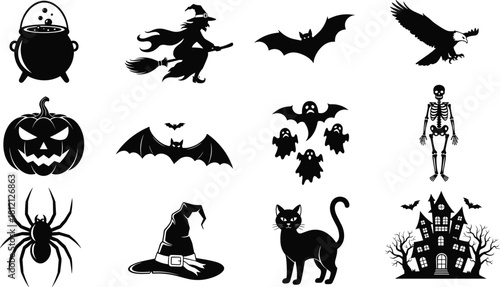 Halloween silhouette vector set, spooky pumpkin, witch on broom, black cat, spider, ghost and haunted house, icons collection isolated on white background, holiday symbols