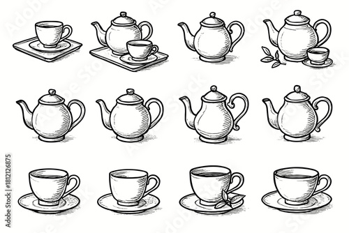 Setup elegant icon icons saucer cup teapot collection vector tea pencil