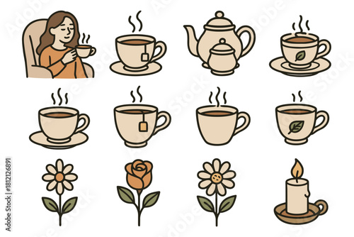 Afternoon set tea collection candle rough cup flower relaxing icon vector