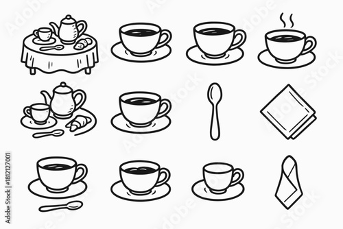Napkin tea breakfast cup spoon vector elegant rough icon table set