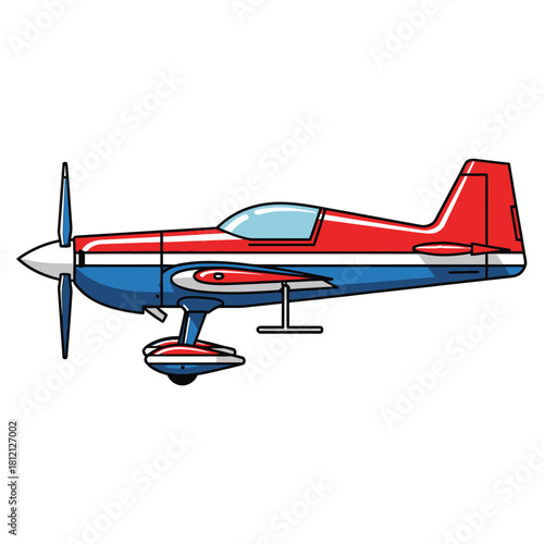 A vibrant red and blue aerobatic propeller airplane illustration on a white background.