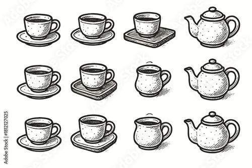Teapot ceramic cup vector afternoon tray tea icons set icon vibe rustic