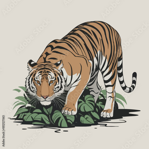 Majestic bengal tiger stalks through lush green foliage with intense gaze