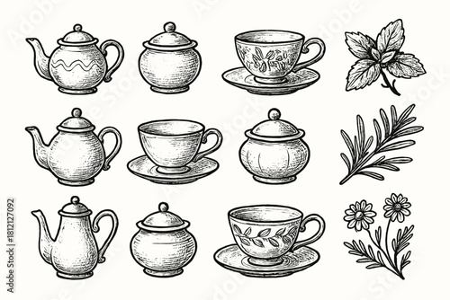 Design bowl delicate icon sugar tea set icons herbs artistic cup vector