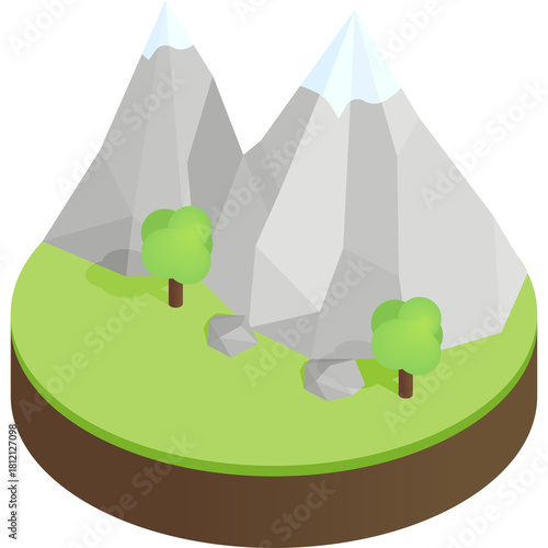 Isometric two grey mountains with snowy peaks on a green grassy landscape with two trees and rocks under a clear sky perfect for graphic design elements