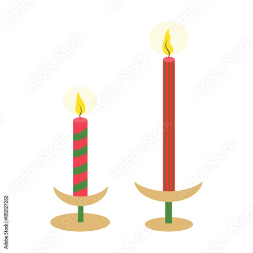 Taper candles vector illustration set. Long striped burning red and green candles in candlesticks isolated on white background. Modern seasonal cozy home decor for New year, Christmas celebration