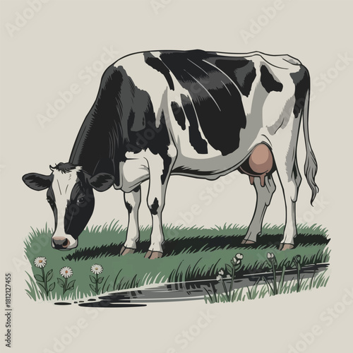 A detailed illustration of a black and white holstein friesian cow grazing peacefully in a lush green pasture