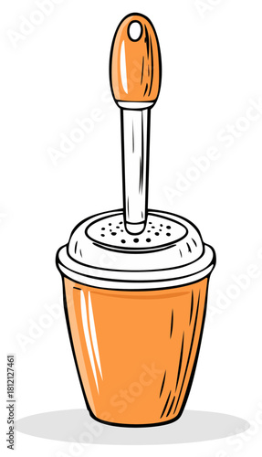 Orange toilet brush with holder isolated cartoon style vector illustration