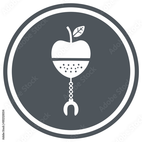 Stylized apple tea infuser icon in white with a leaf stem chain and hook inside a dark grey circle