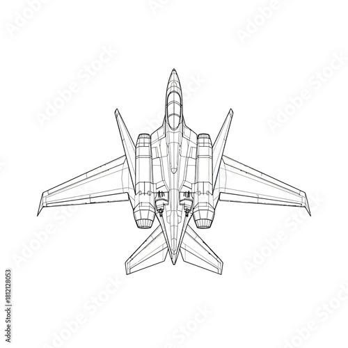A detailed top-down schematic line drawing of a modern fighter jet on a white background.