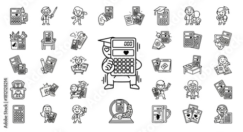 Calculator Line Icons Collection Math Education Finance Accounting Business Economy Calculation Mathematics Statistics Data Analysis Set