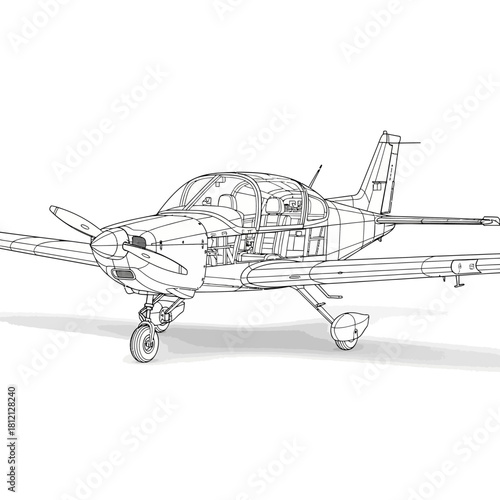 Detailed wireframe illustration of a single-engine propeller airplane showing its internal structure and components.
