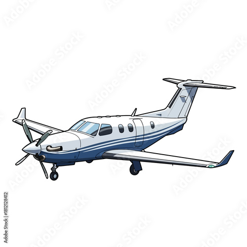 Cartoon illustration of a white and blue single-engine turboprop aircraft.