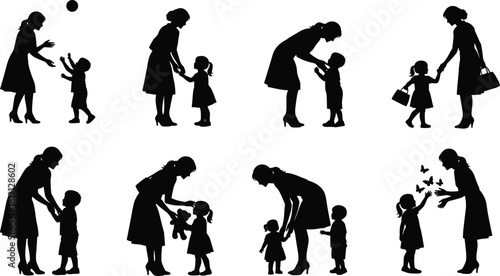 Mother and kids silhouette vector set, mom playing ball, holding hands, family moments collection, isolated illustration on white background, parenting love concept