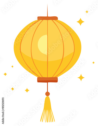 Bright yellow hanging paper lantern with a decorative tassel for a festive Asian holiday illustration