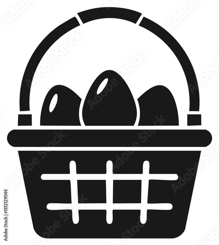 Basket holding three eggs, black and white vector illustration.