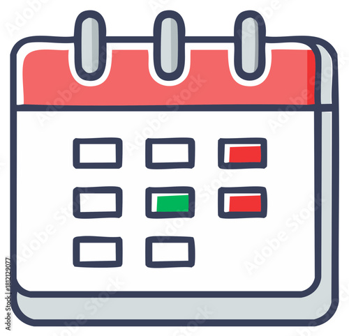 Stylized doodle calendar icon with marked green and red days for scheduling and appointments
