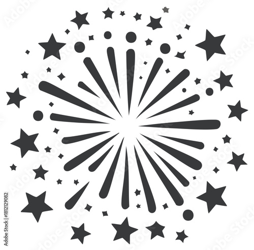 Dynamic black and white starburst explosion with radiating rays and scattered stars
