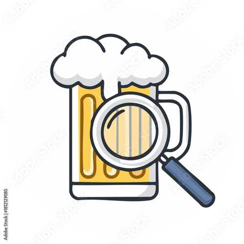 Conceptual illustration of a magnifying glass searching a frothy beer mug, symbolizing discovery and quality
