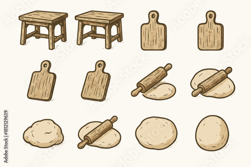 Cutting rustic set dough pin pastry station rolling vector icon bakery board