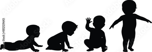 Baby silhouettes, developmental stages, crawling, sitting, standing, motor skills, black vector, growth icon, infant posture, sketch