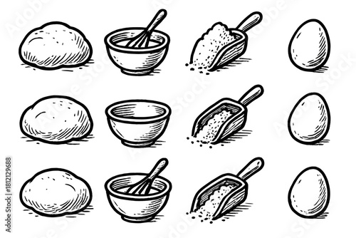 Bowl scoop dough icon preparation theme vector egg flour bakery set doodle