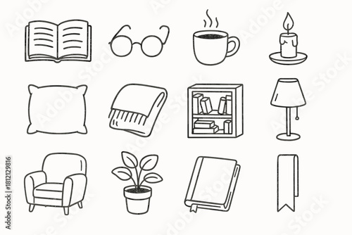 Mug icon coffee armchair candle lamp glasses vector bookshelf reading cozy