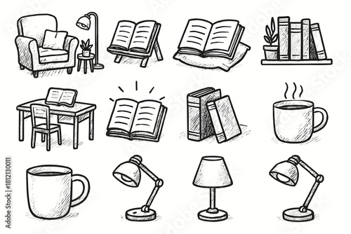 Vector creative collection icons cup desk cozy set setup lamp reading icon