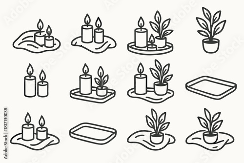 Icon tray evening doodle candlelight plant vector set candles setup two cozy