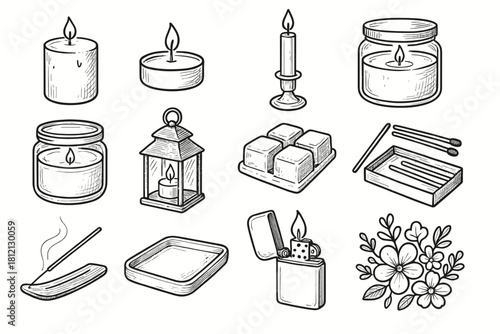 Lighter candle candlelight jar tray icon set flowers scented tealight glass vector