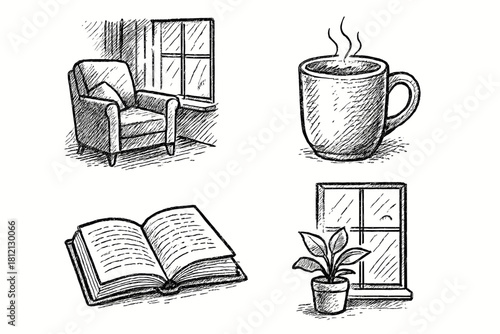 Icon vector window coffee icons mug book open plant morning nook light